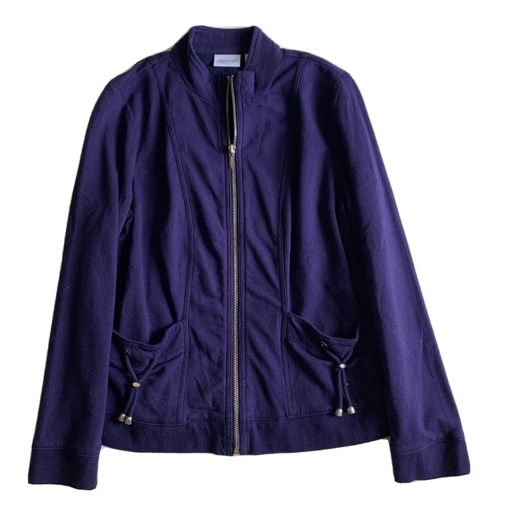 Chicos NWT Zynergy Zip Up Tie Pocket Jacket Odyssey Purple Size 0 Casual Comfort